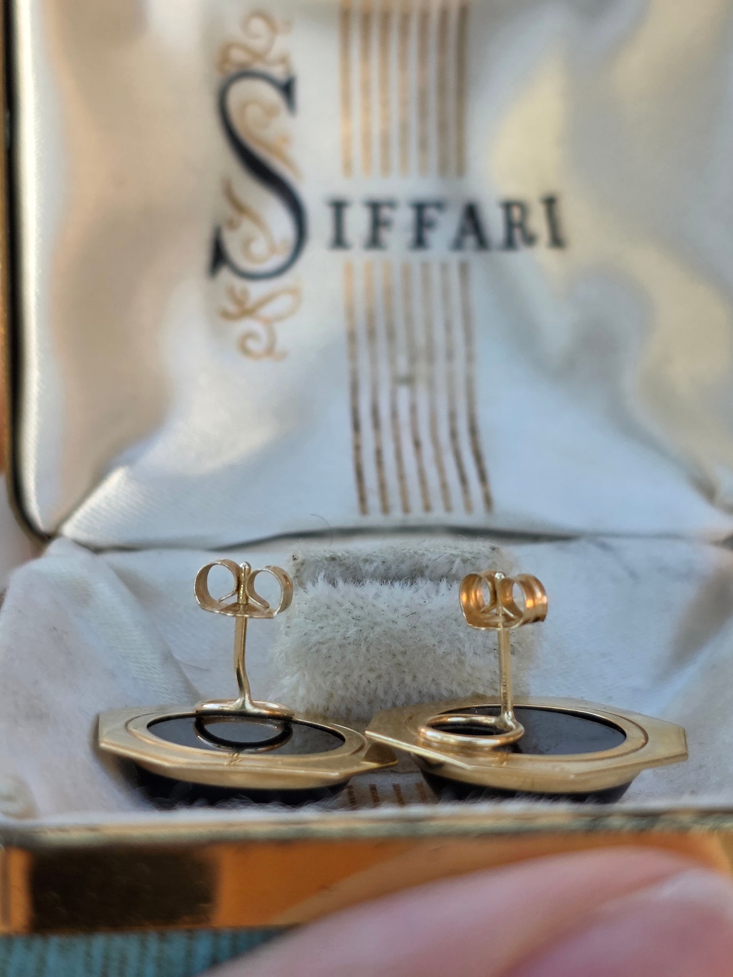 Geometric 14k Gold Onyx Cabochon Statement Button Earrings