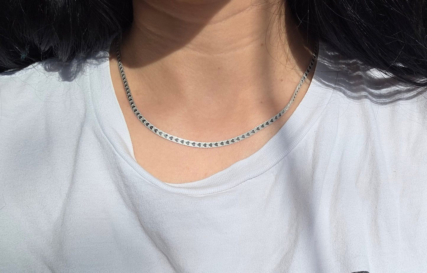 Italian Made Sterling Silver Double Sided Flat Herringbone Hearts Necklace 18"