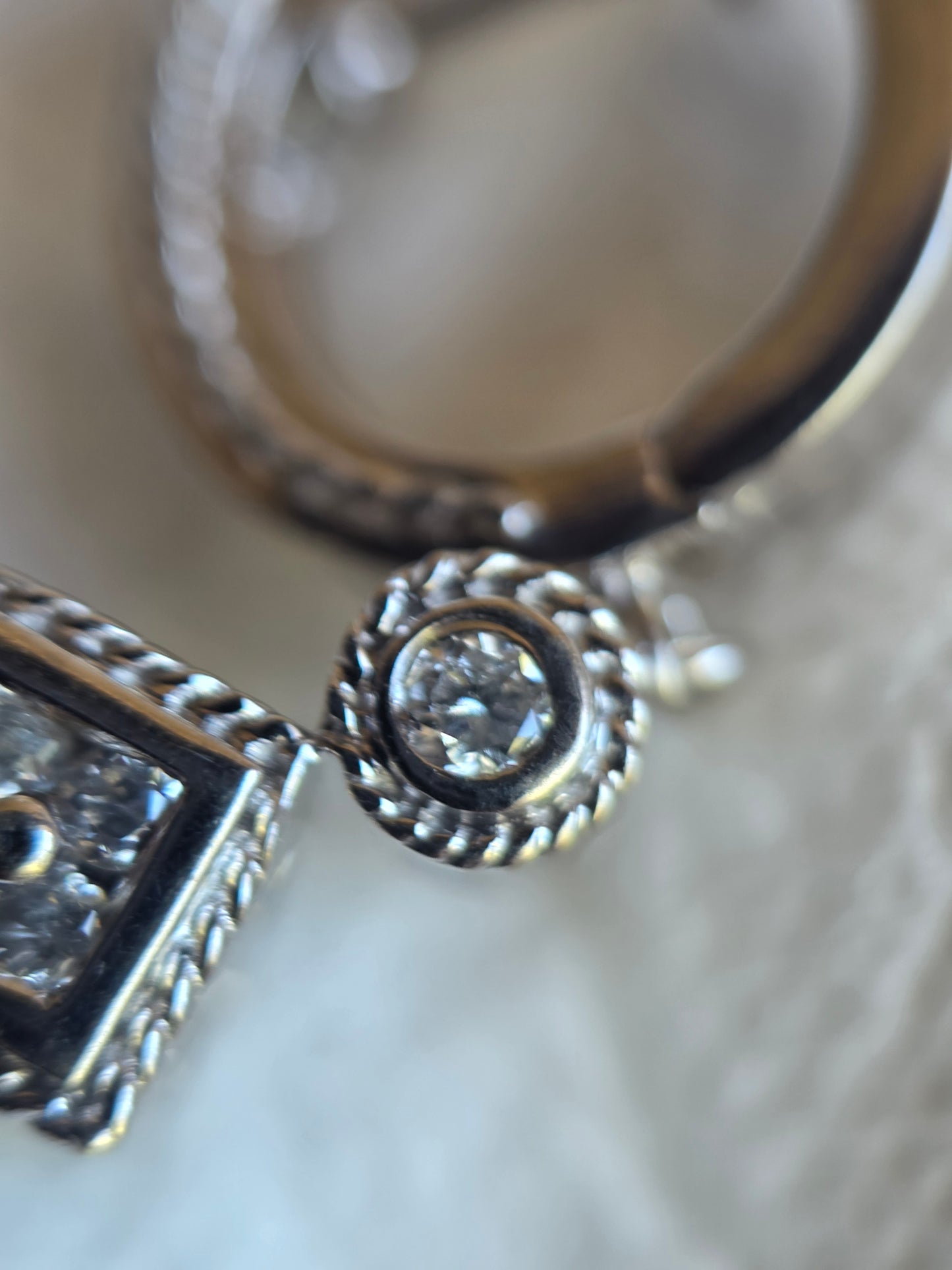 Lovely 14k White Gold Diamond Huggie Drop Dangle Geometric Earrings