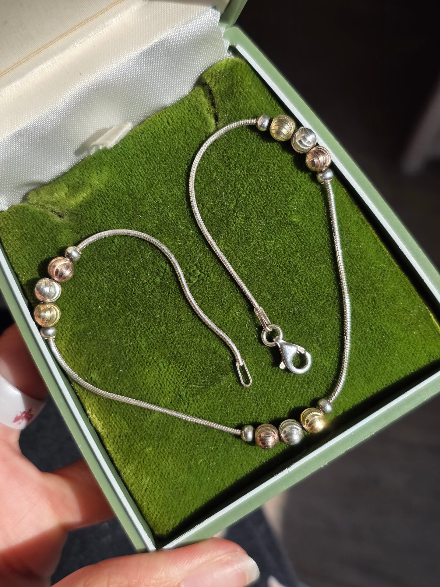 Italian Sterling Silver Snake Chain With Textured Gold Plated Beads Anklet or Larger Bracelet 10"