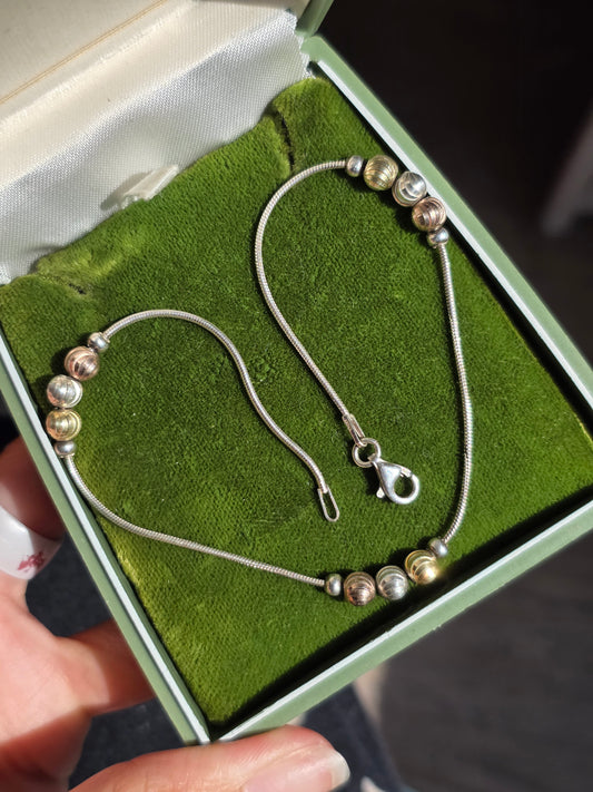 Italian Sterling Silver Snake Chain With Textured Gold Plated Beads Anklet or Larger Bracelet 10"