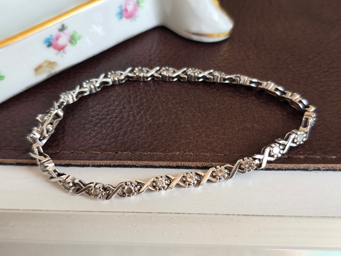 Solid 925 Sterling Silver CZ Stone X Link Tennis Bracelet 7.25"
