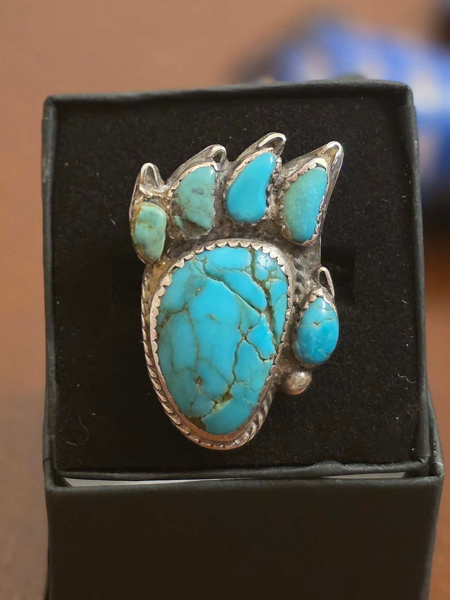 Vintage Signed MAJ Native American Turquoise Bear Claw/Paw Print Sterling Silver Solid Statement Ring Size 5