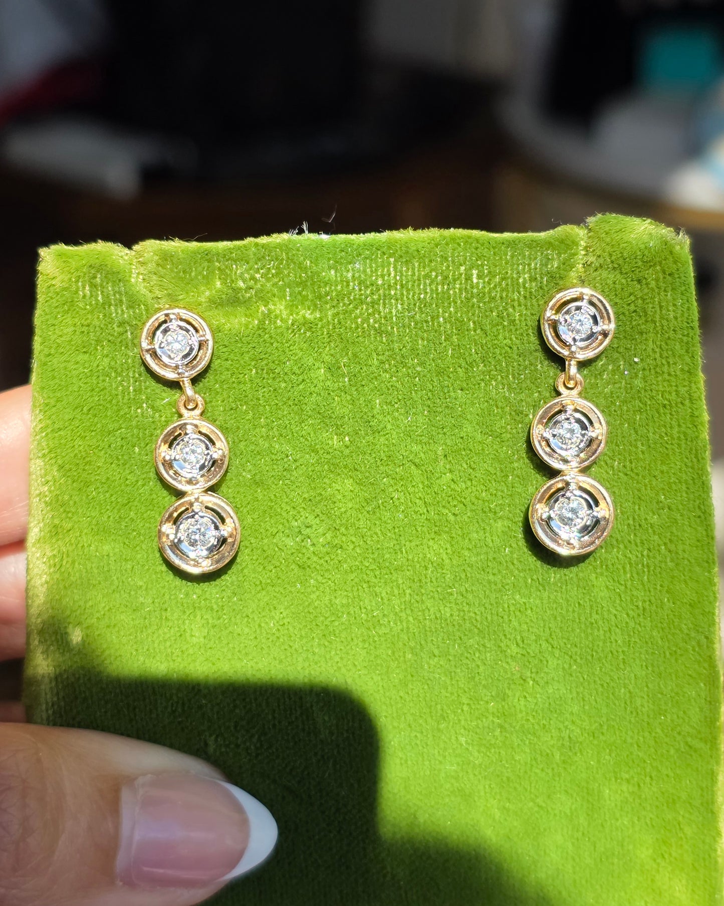 Vintage Inspired 14k Graduated Three Tier Circle Bezel Diamond Drop Dangle Earrings