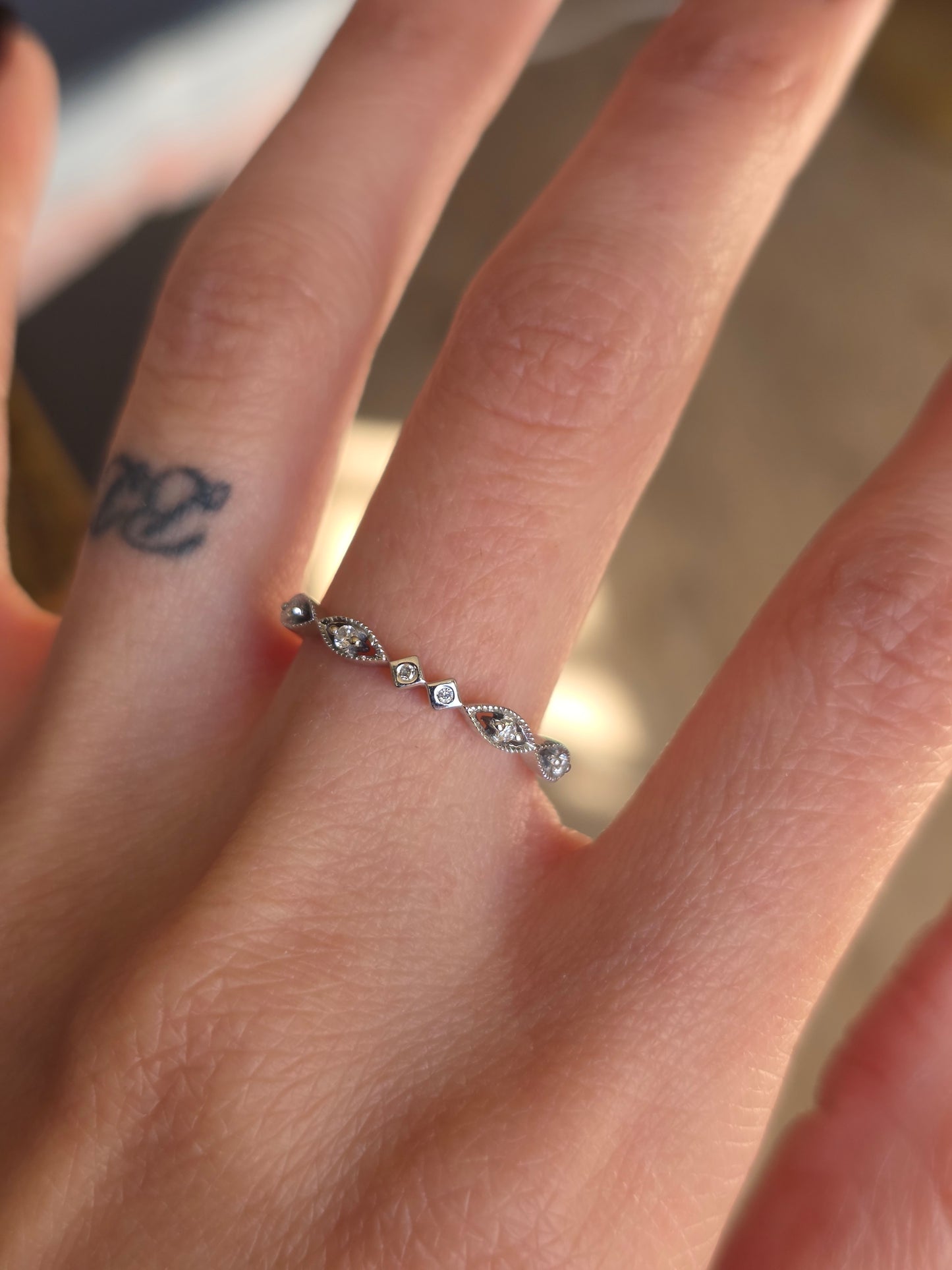 Elegant 14k White Gold Dainty Diamond Stacker Band Size 7.25