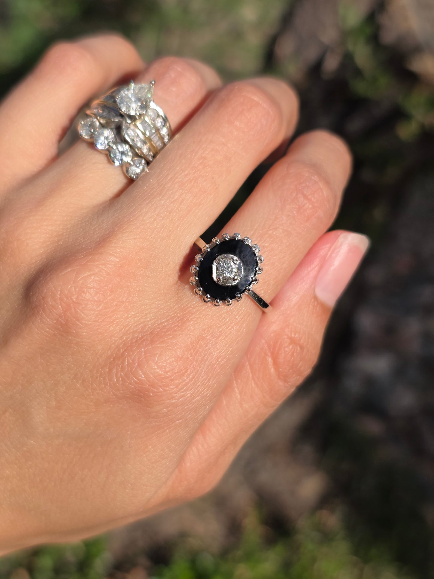 Stunning 10k White Gold Black Onyx And Diamond Statement Ring Size 8