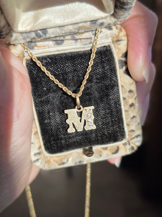 Awesome 18k Gold Block Font M Initial Diamond Accented Pendant (NO CHAIN)