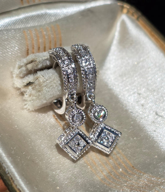 Lovely 14k White Gold Diamond Huggie Drop Dangle Geometric Earrings