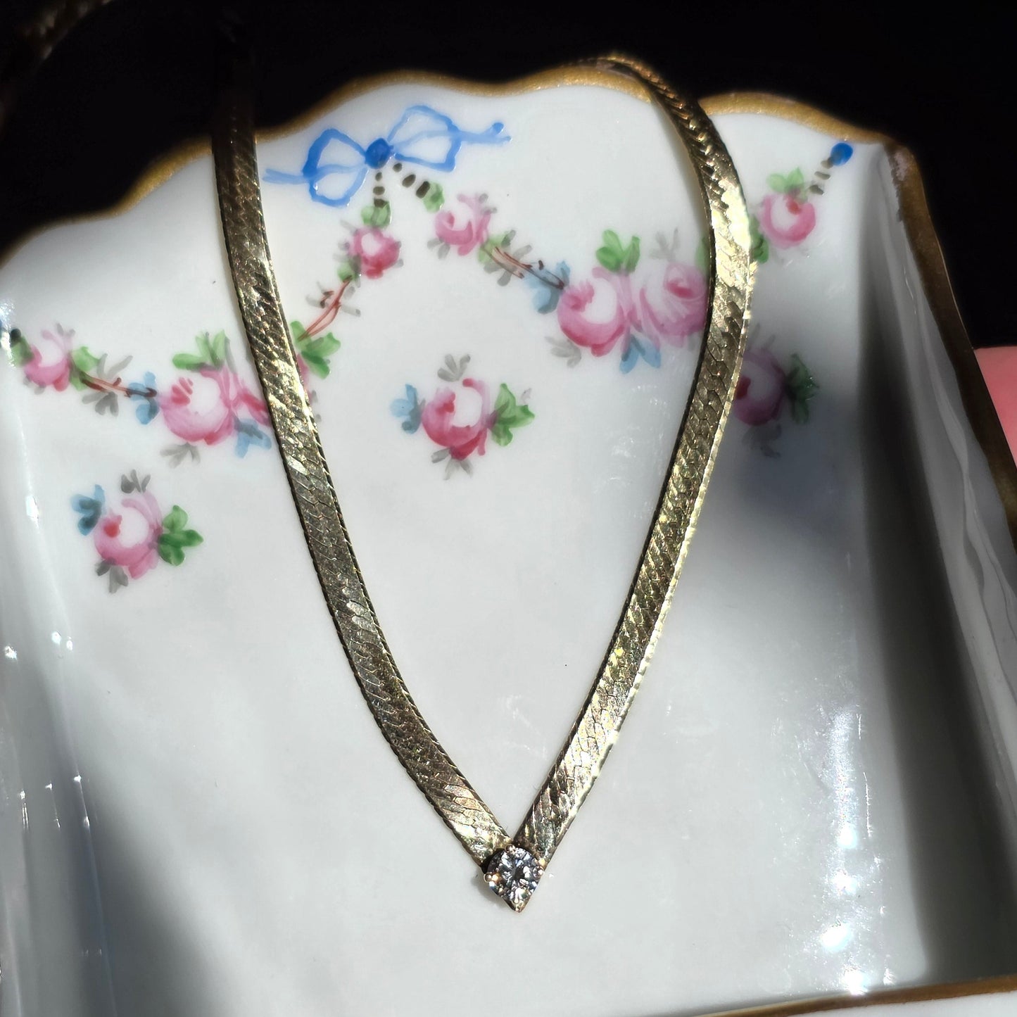 Elegant Italian 14k Gold Diamond Herringbone Chevron Collar Necklace 16"
