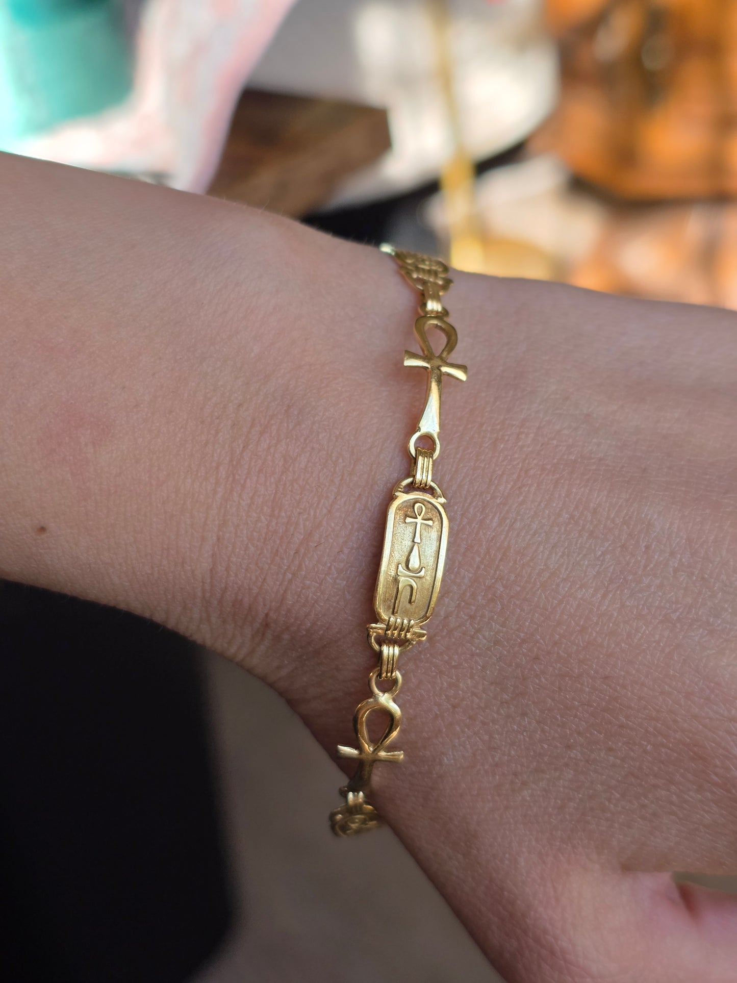 Solid 18k Gold Egyptian Cartouche & Ankh Cross Panel Bracelet 7.5"