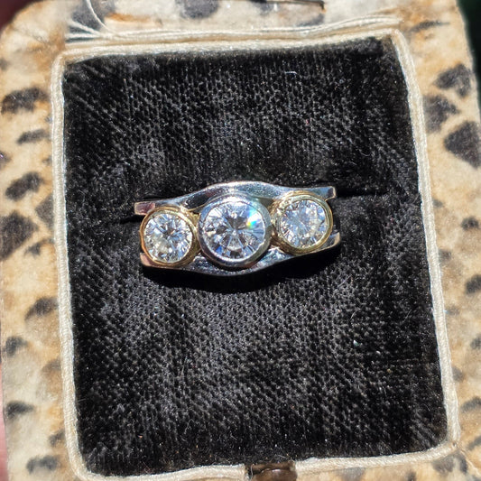 Gorgeous Vintage Diamond Trio Platinum and 18k Bezel Set Split Band Modernist Solid Hefty Ring Size 4.5