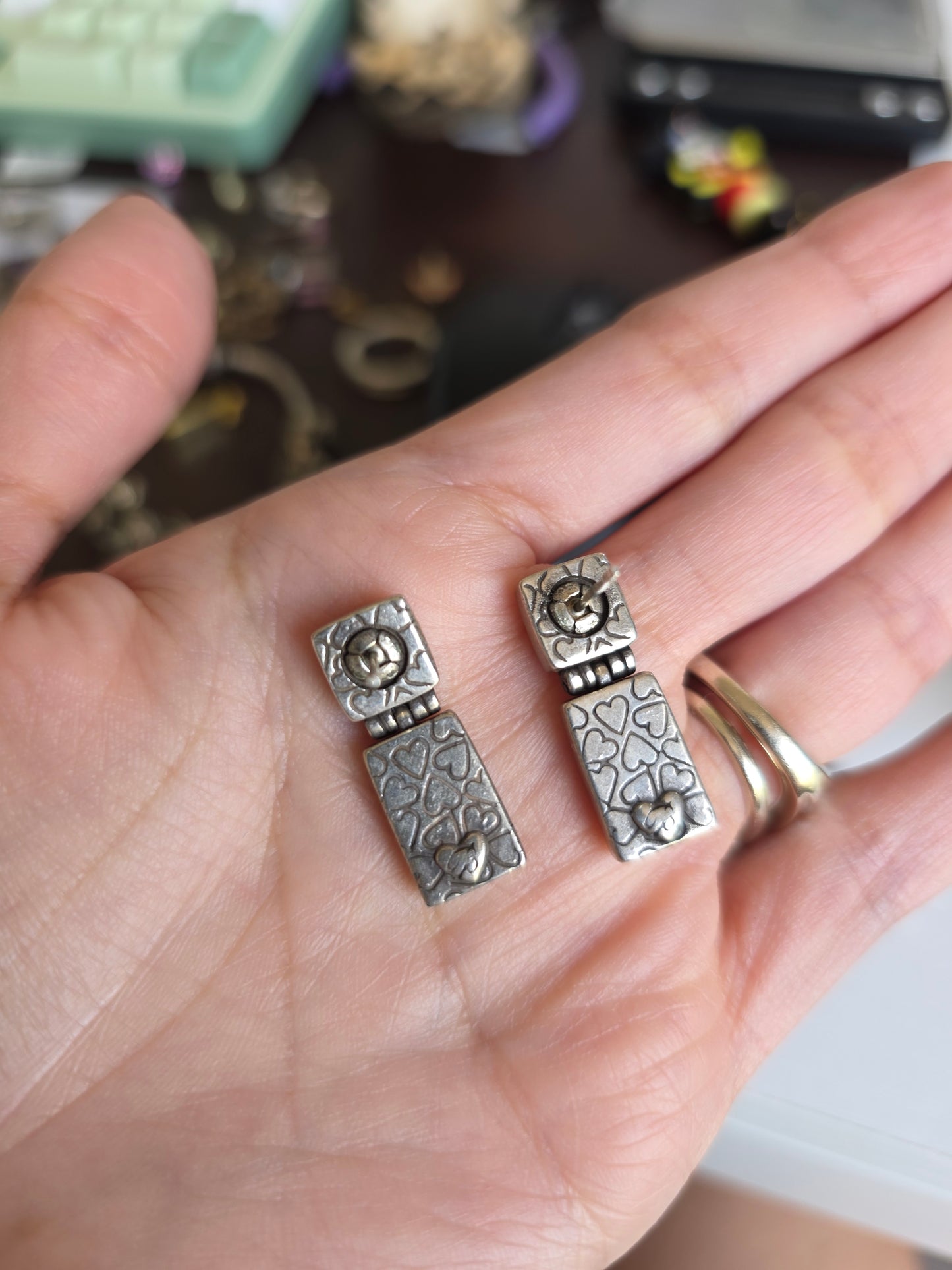 Vintage Heavy Sterling Silver & Copper Accented Scroll Drop Earrings