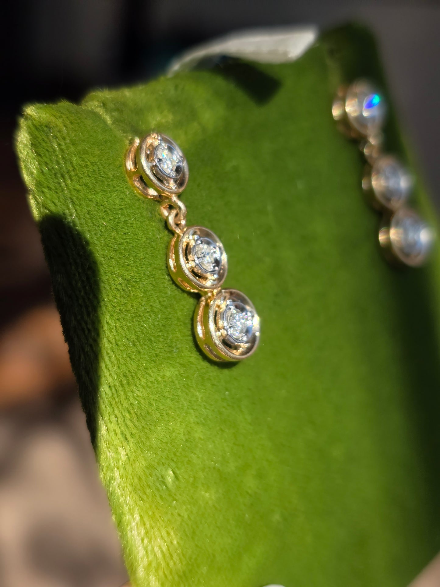 Vintage Inspired 14k Graduated Three Tier Circle Bezel Diamond Drop Dangle Earrings