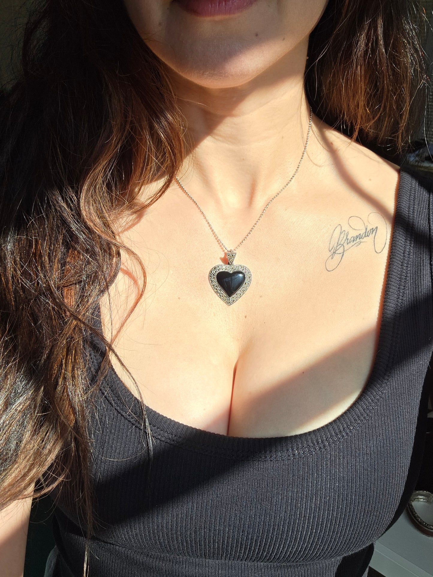 Amazing Sterling Silver Black Onyx Heart & Marcasite Large Pendant (NO CHAIN)
