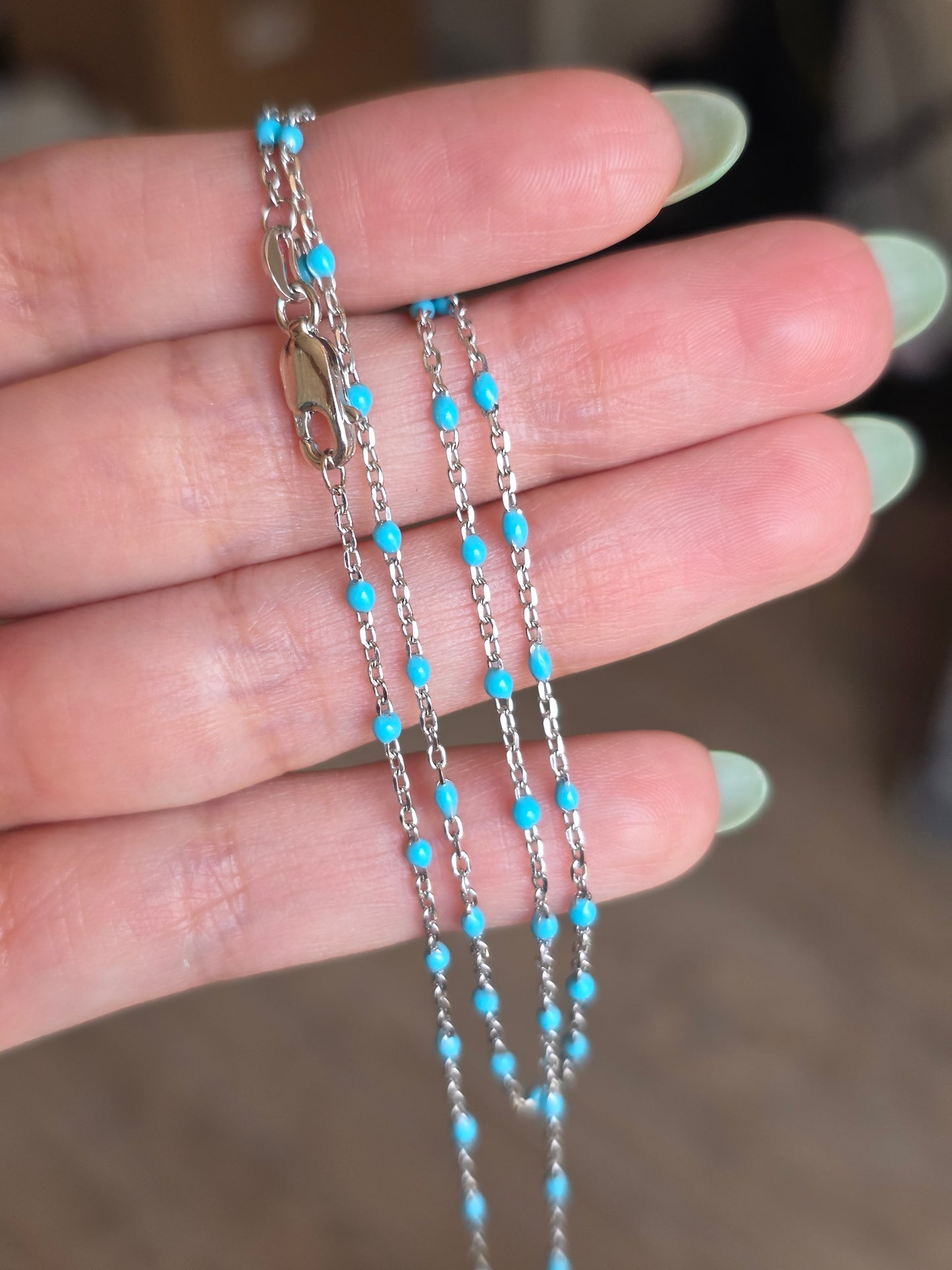 Elegant Light Blue Enamel Station Sterling Silver Necklace 18"
