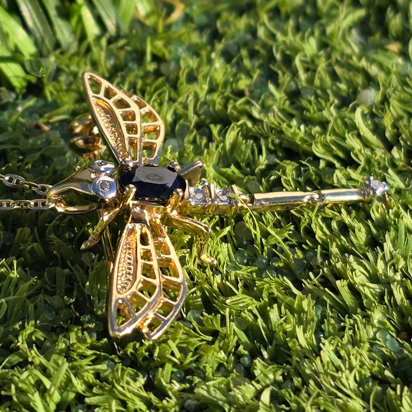 Adorable 14k Gold Sapphire and Diamond Two Toned Articulated Dragonfly Brooch/ Pendant (NO CHAIN)