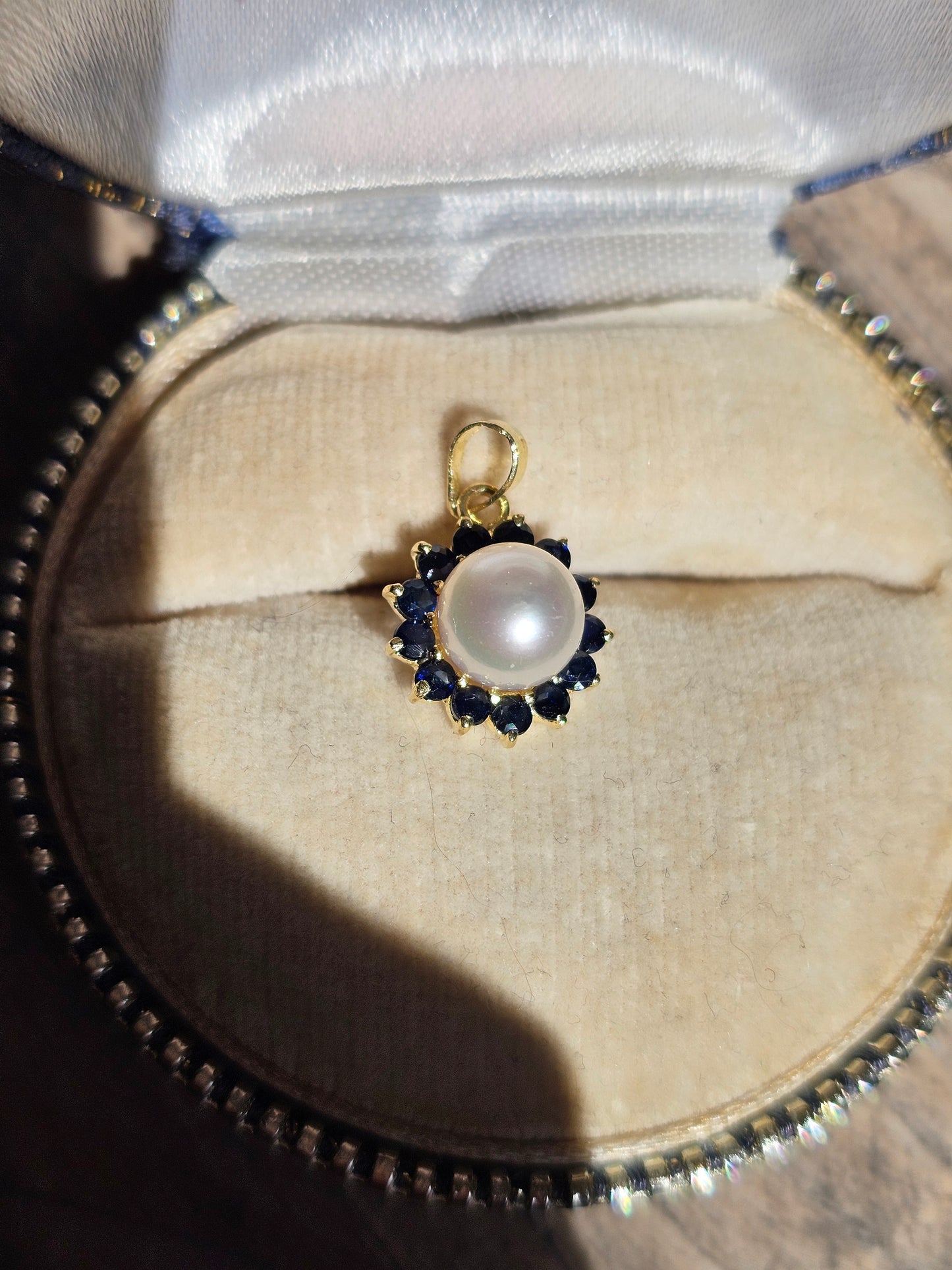 14k Pearl Sapphire Halo Pendant (NO CHAIN)