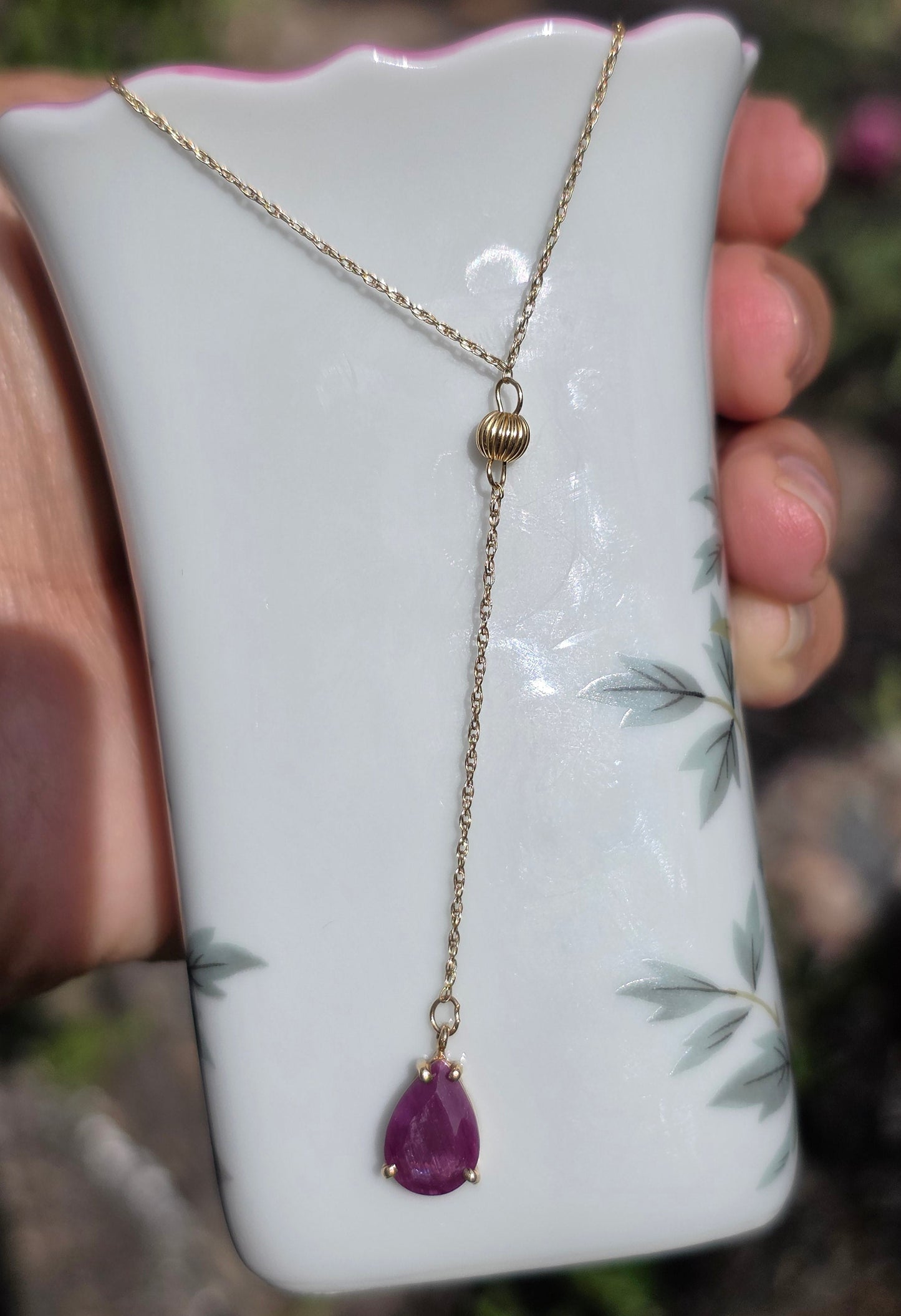Dainty 10k Gold Pear Cut 2.50ct Ruby Lariat Y Drop Necklace 16"