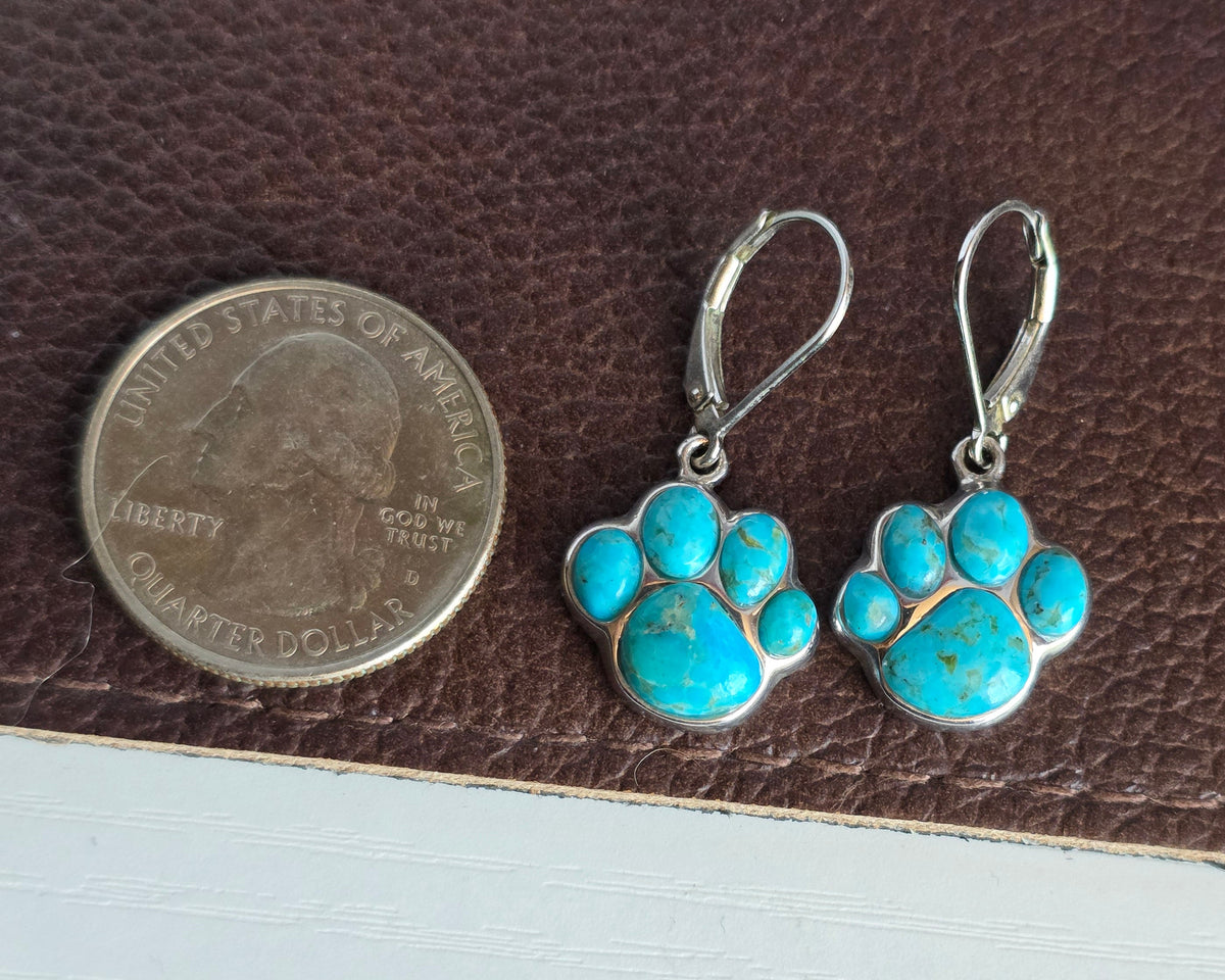 Sterling Silver Turquoise Paw Print Drop Earrings Leverbacks