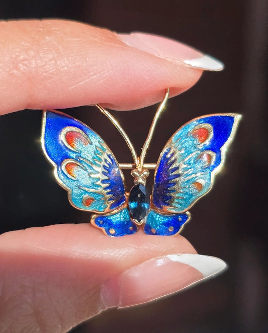 Stunning Vintage 14k Sapphire And Colorful Enamel Butterfly Brooch (NO CHAIN)
