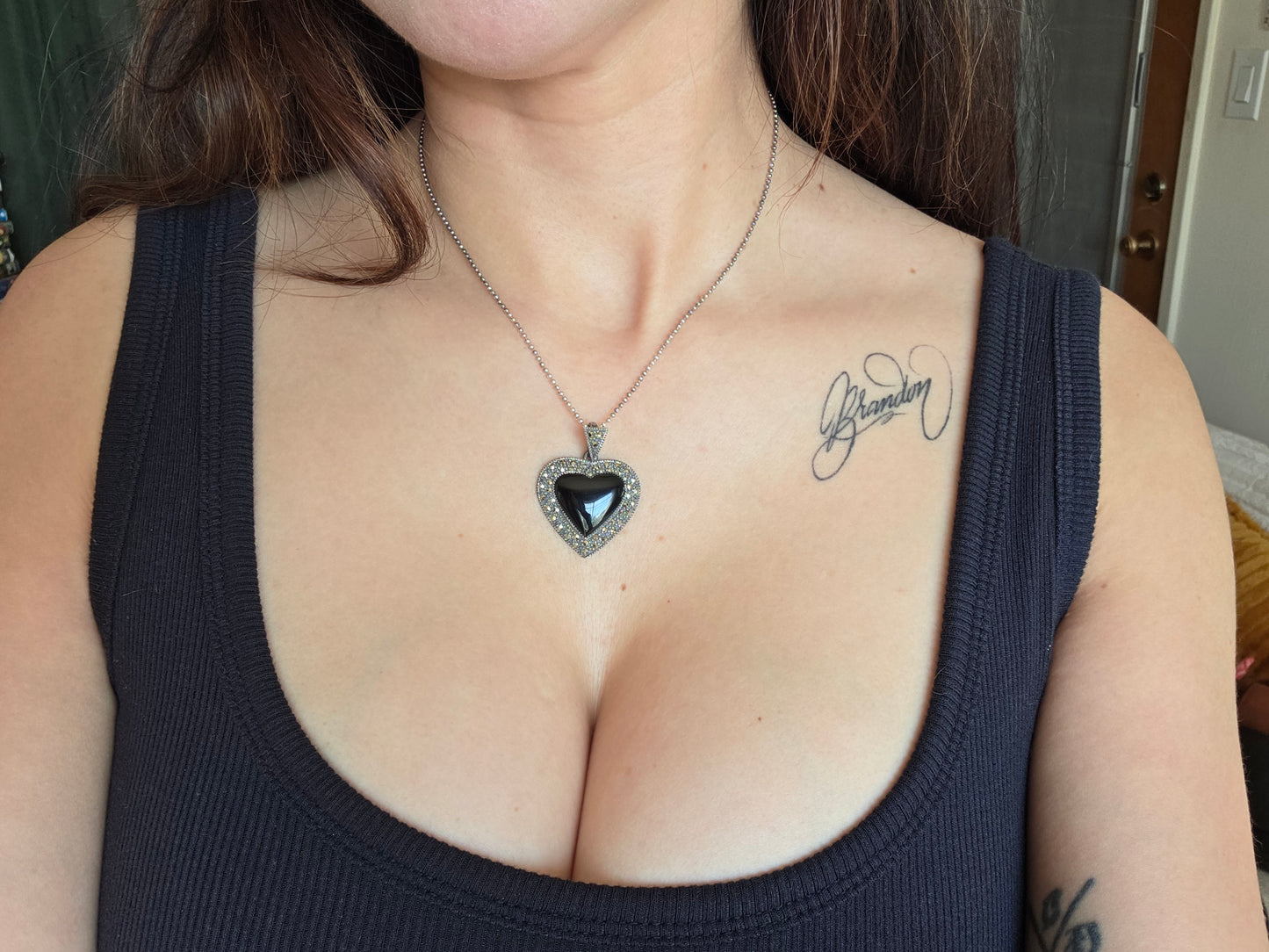 Amazing Sterling Silver Black Onyx Heart & Marcasite Large Pendant (NO CHAIN)