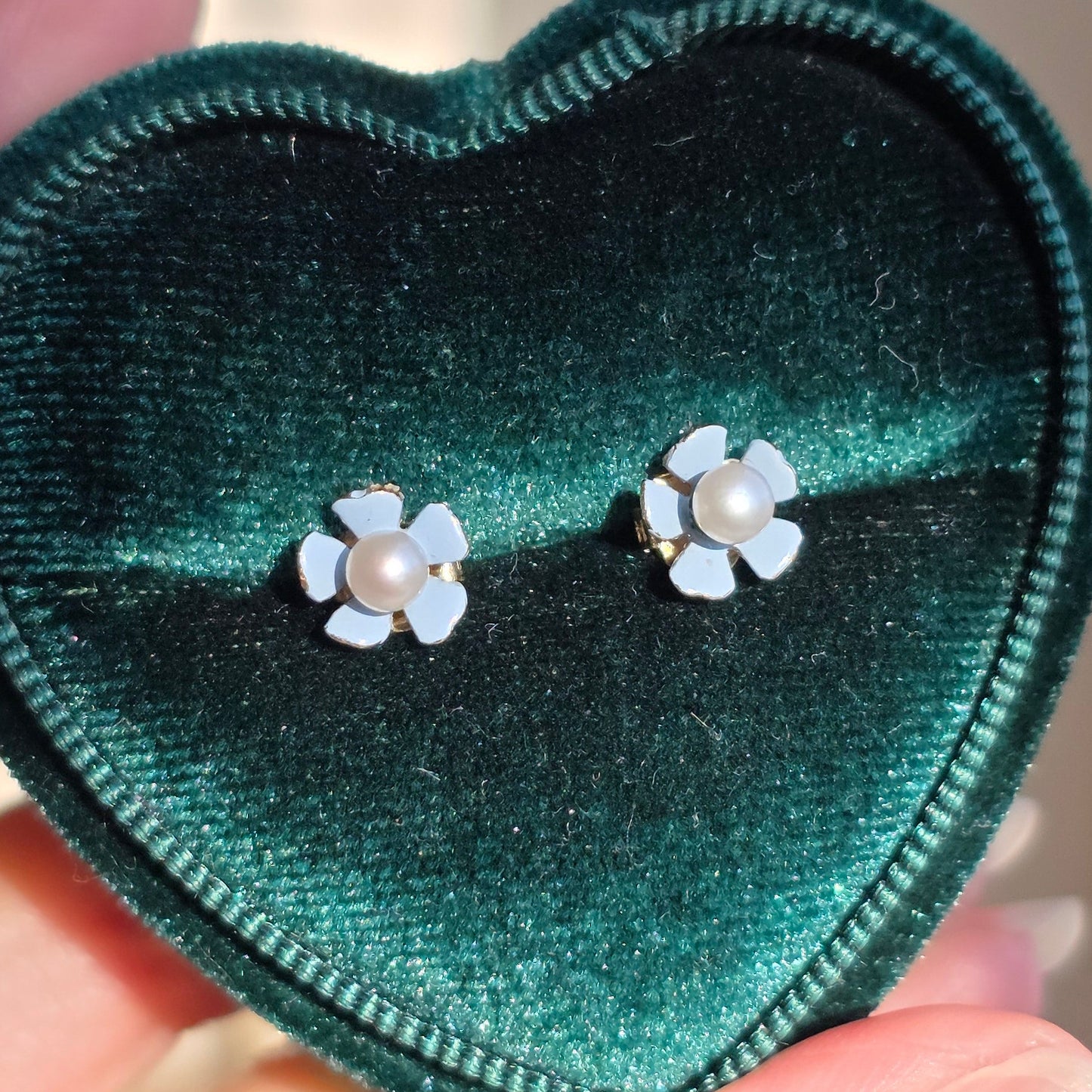 Precious 14k Blue Enamel & Pearl Dainty Flower Stud Earrings