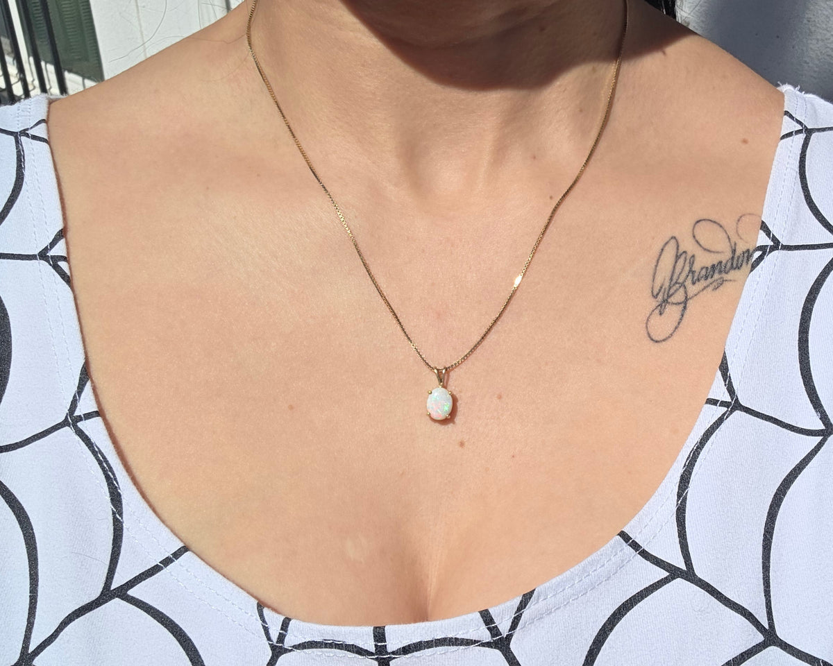 Gorgeous 14k Gold 1.10ctw Oval Opal Solitaire Pendant October Birthstone