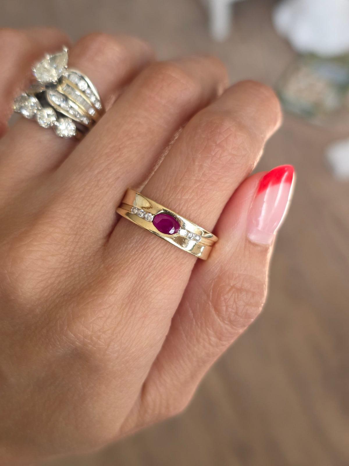 Gorgeous 14k Gold Flush Set Ruby and Diamond Statement Band Size 7