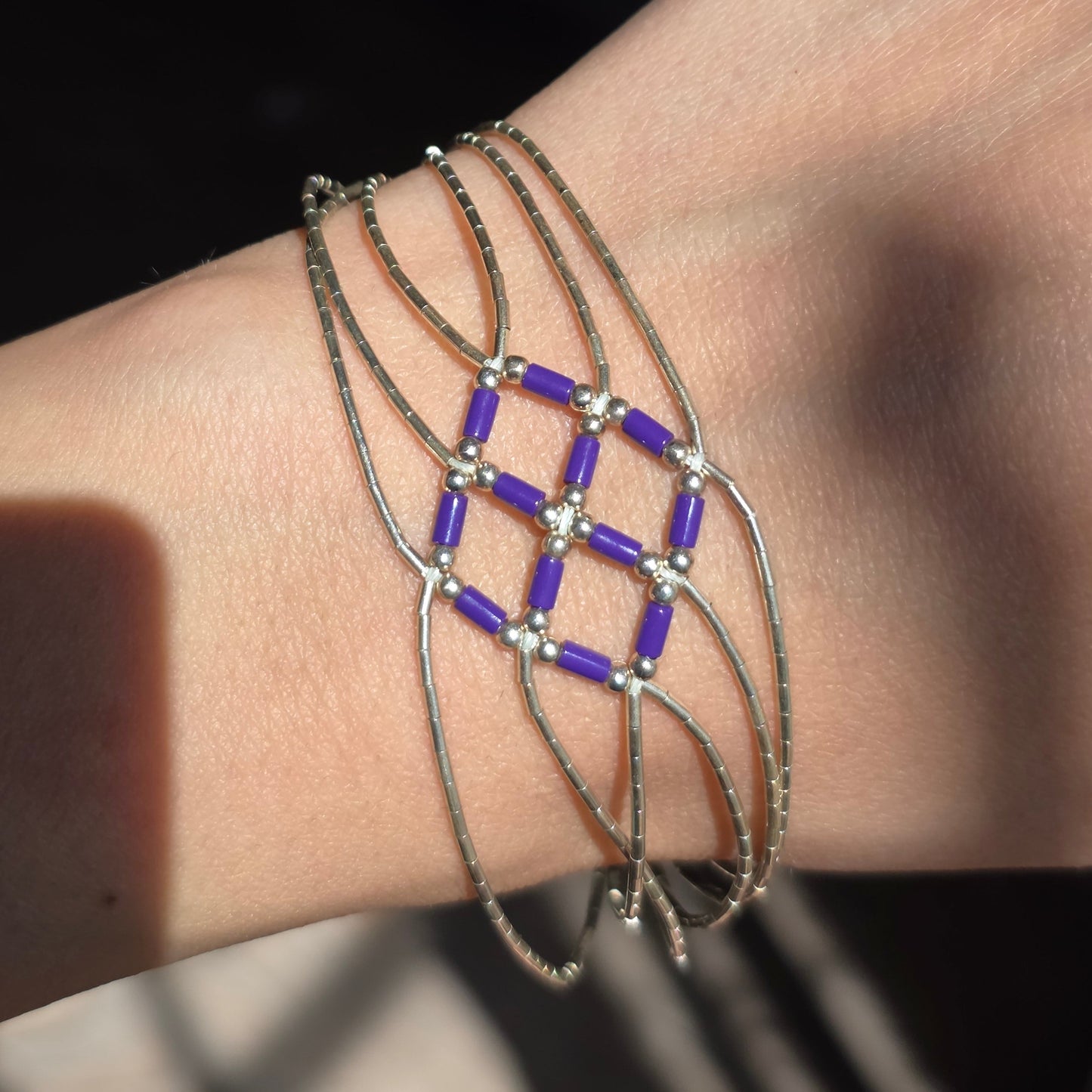 Southwestern Purple Geometric Liquid Silver 925 Sterling Multistrand Bracelet 7.25"