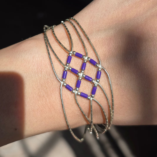 Southwestern Purple Geometric Liquid Silver 925 Sterling Multistrand Bracelet 7.25"