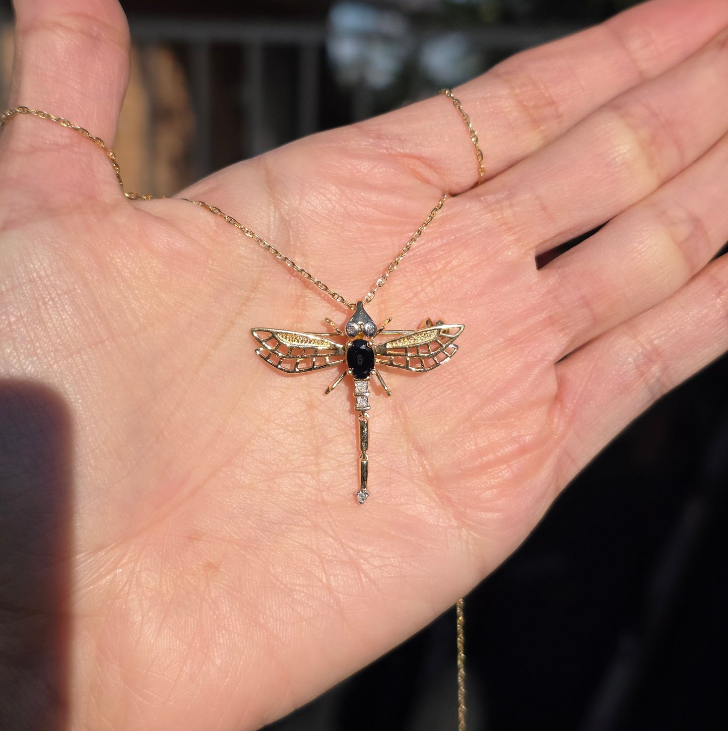 Adorable 14k Gold Sapphire and Diamond Two Toned Articulated Dragonfly Brooch/ Pendant (NO CHAIN)