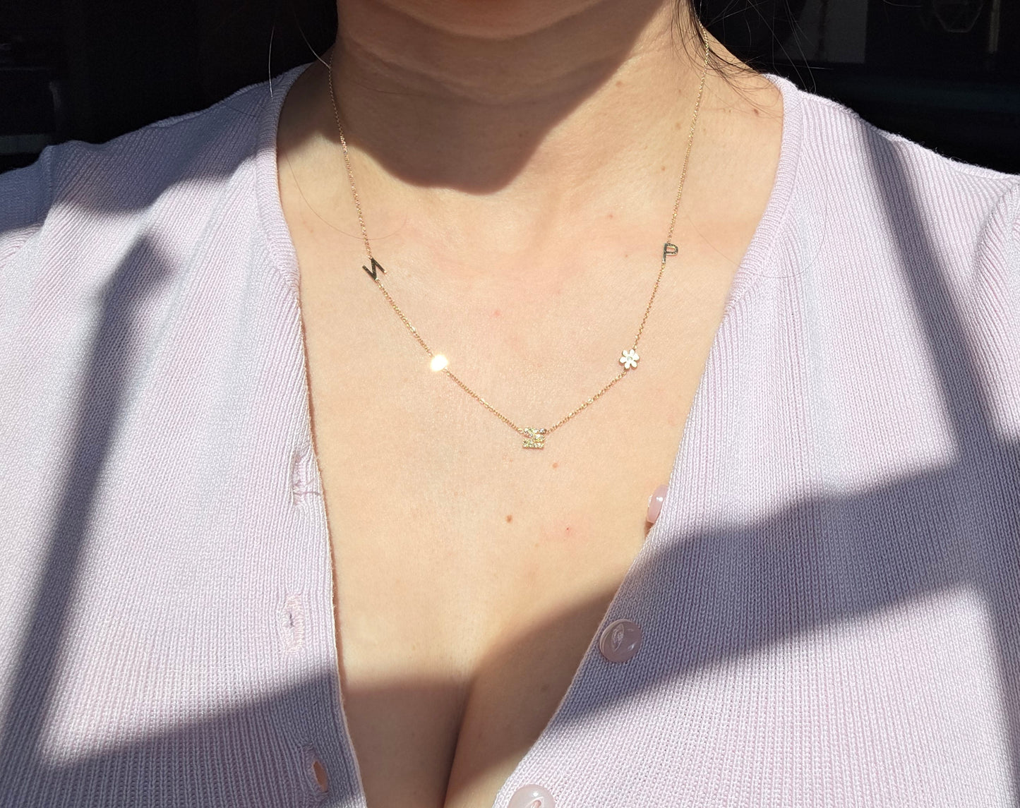 Lovely 14k Gold "NMP" Initial Station Diamond Flower / Bezel Diamond Necklace 16"/18"