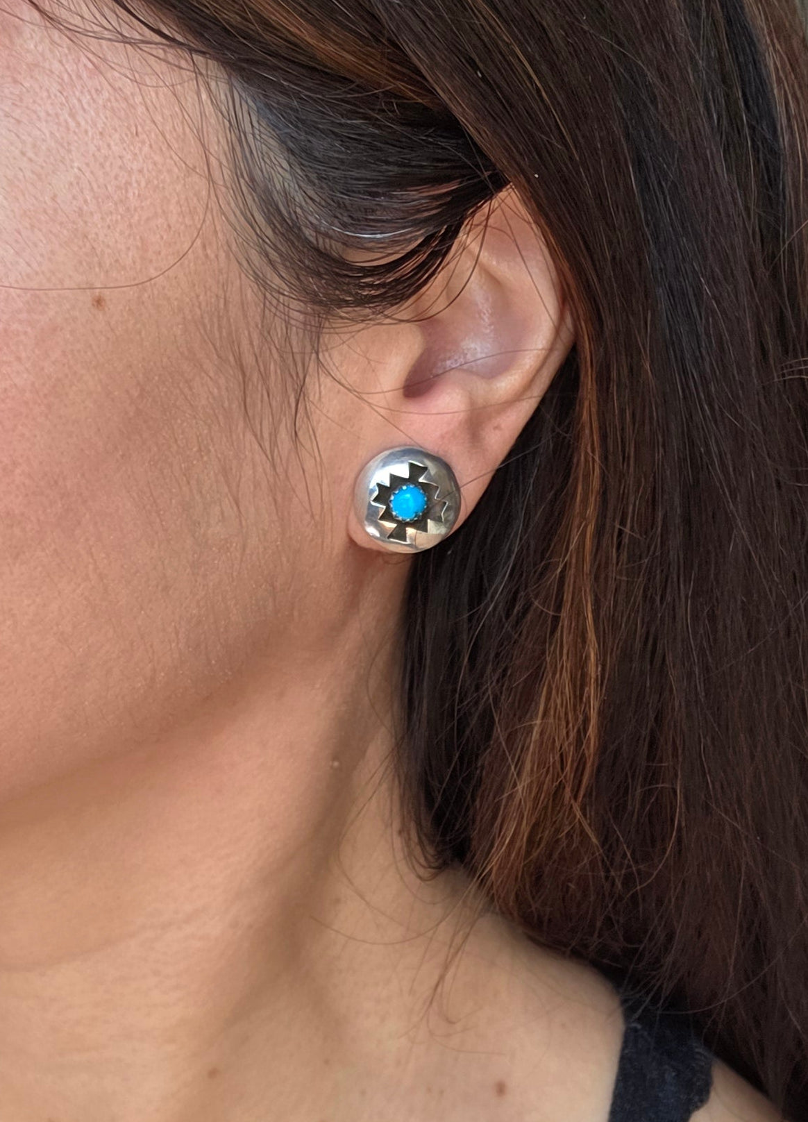 Sterling Silver Navajo Style ShadowBox Turquoise Round Button Stud Earrings