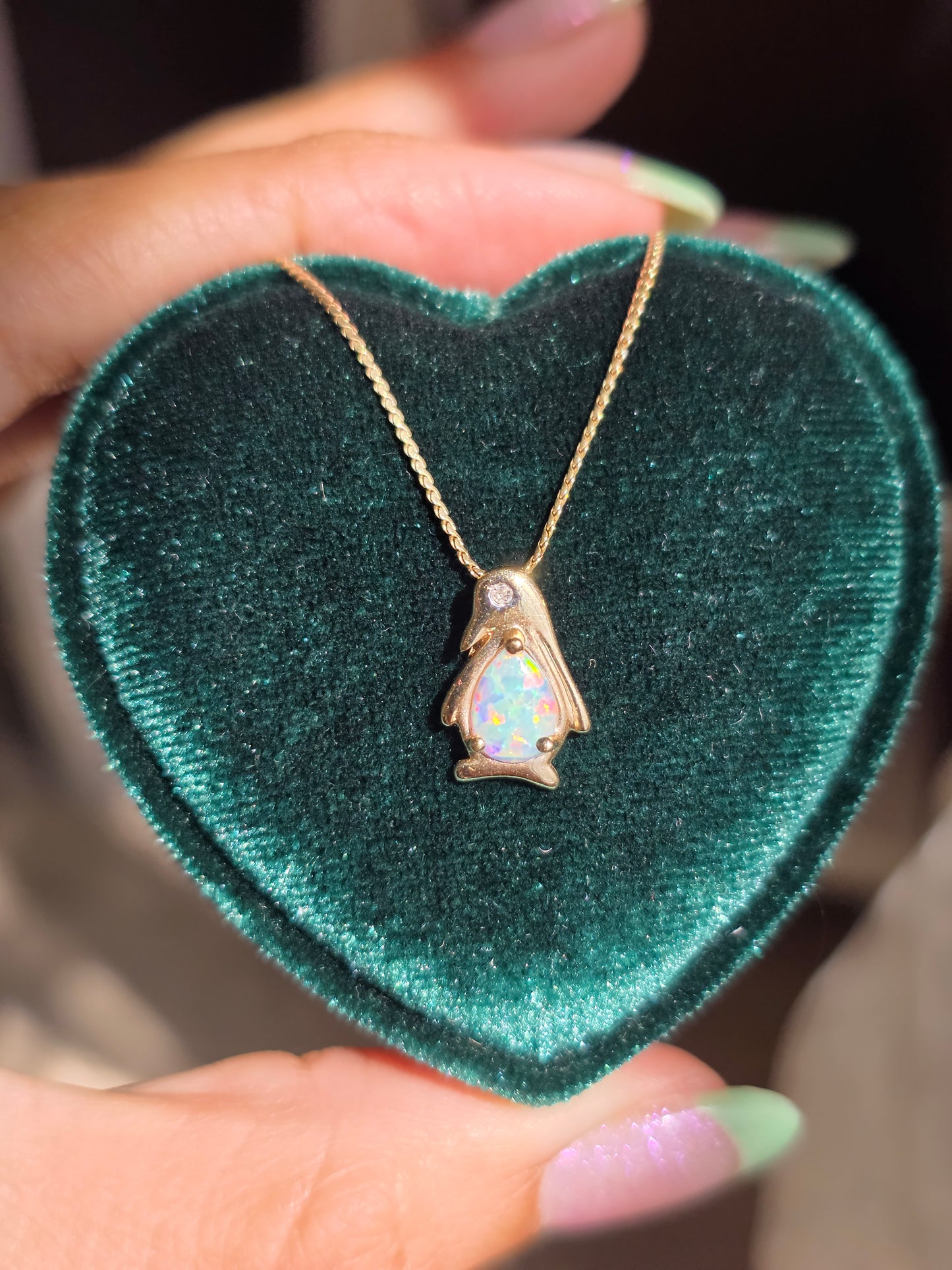 Adorable 10k Gold Opal and Diamond Penguin Pendant (NO CHAIN)