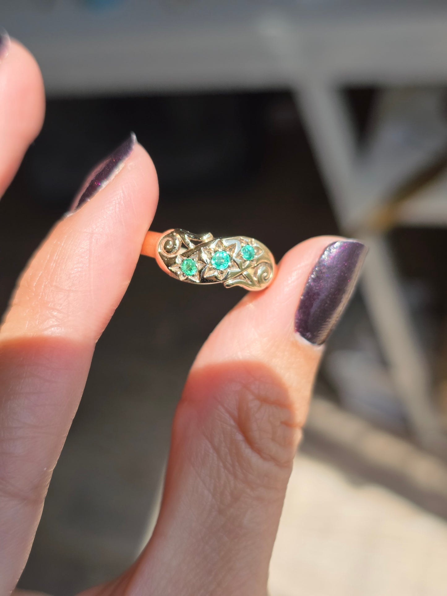 Beautiful Vintage 10k Star Set Emerald Antique Style "Boat" Ring Size 7.5