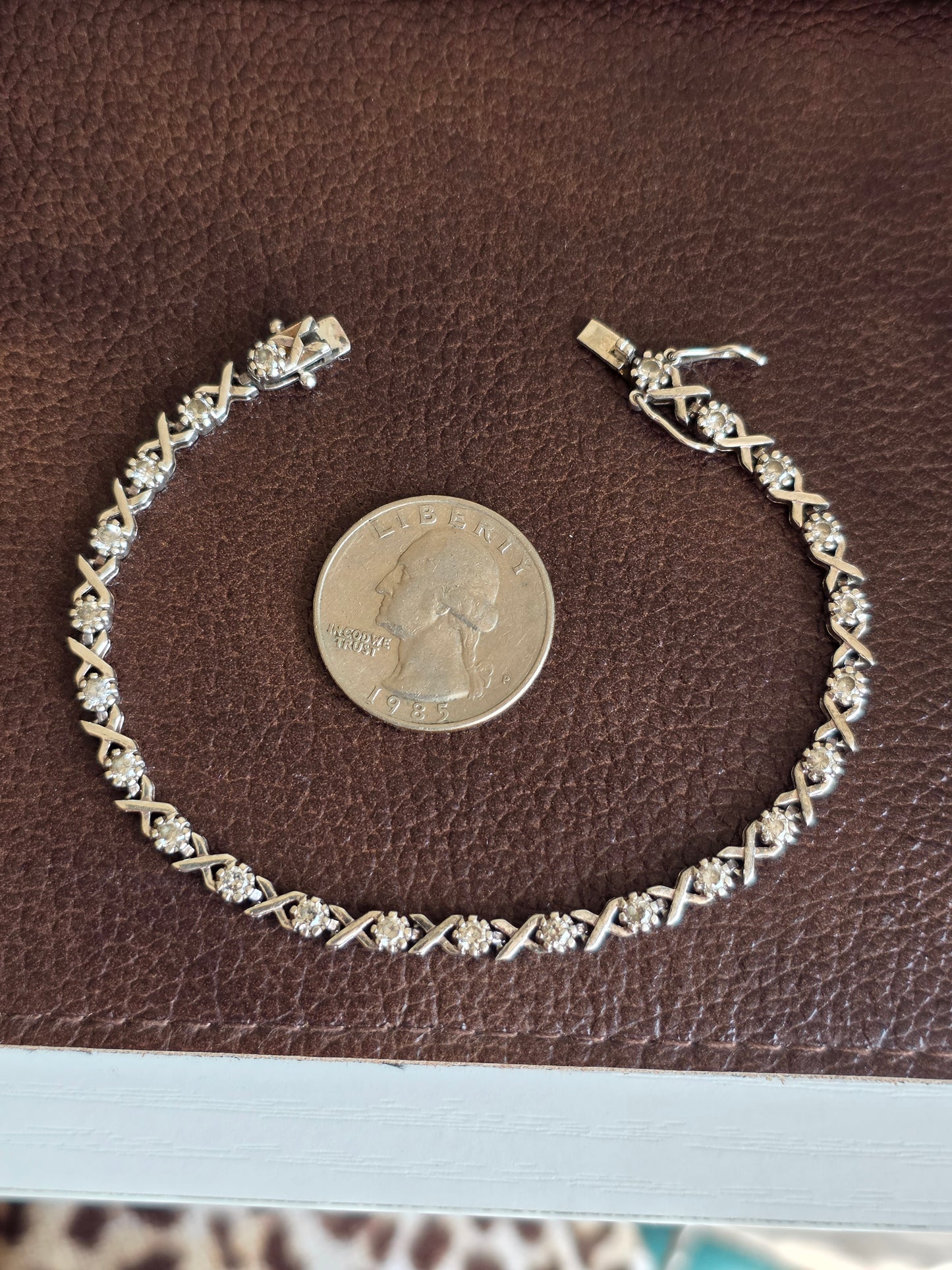 Solid 925 Sterling Silver CZ Stone X Link Tennis Bracelet 7.25"