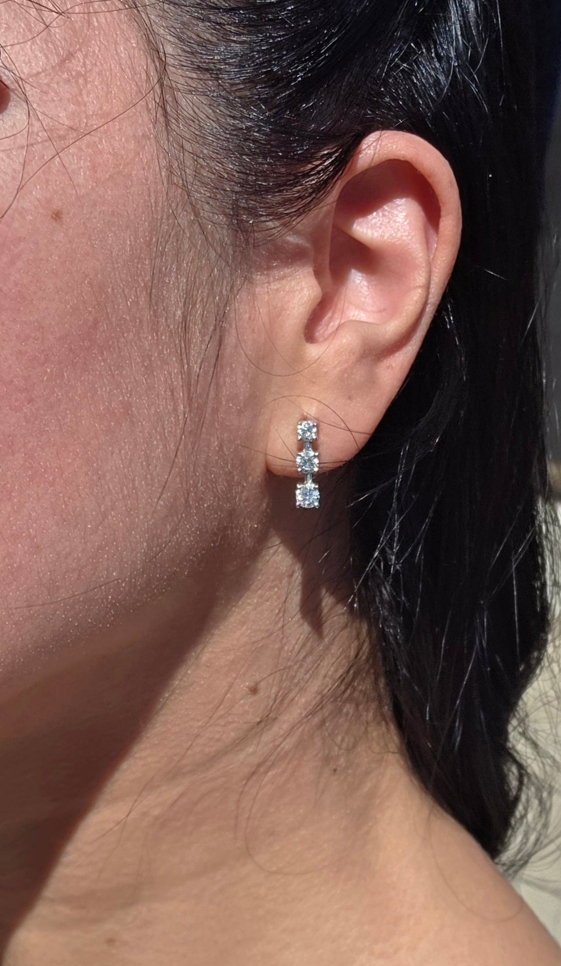 Stunning 14k White Gold 1.10TCW 3 Diamond Bar Drop Earrings