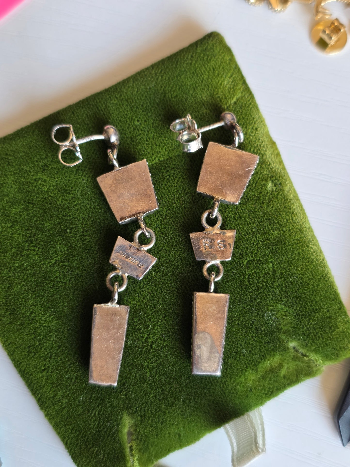Beautiful Sterling Silver Lapis Lazuli & Opal Inlay Geometric Zuni Dangle Statement Earrings