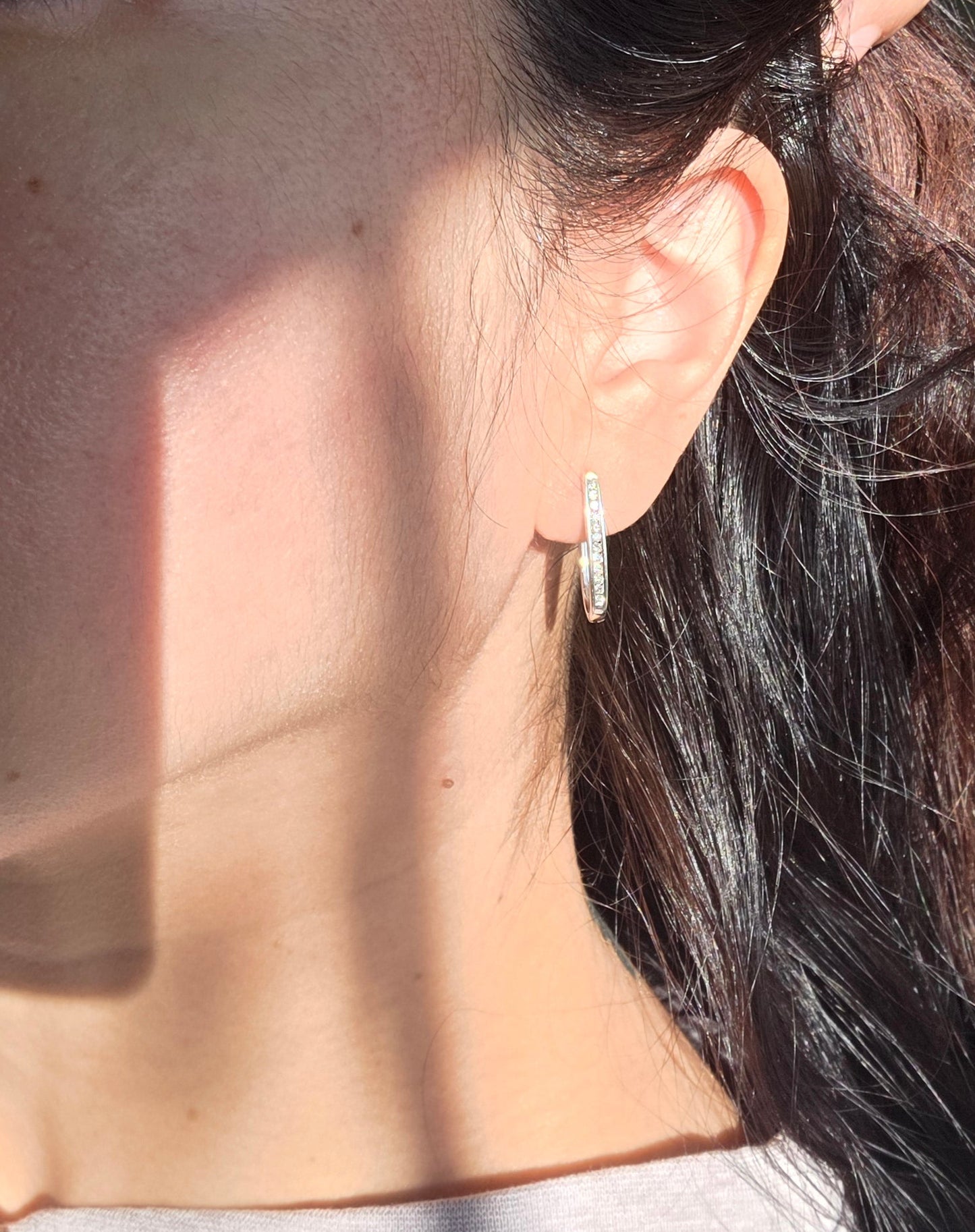 14k White Gold Channel Set Natural Diamond Hoops Earrings