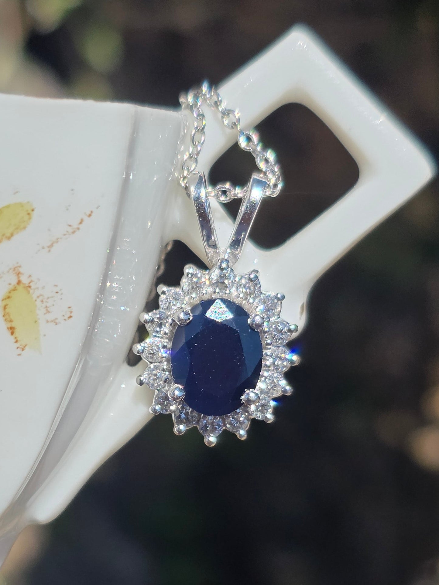Beautiful 14k White Gold 2.44TCW Dark Blue Sapphire and Diamond Halo Pendant Necklace With 16" Cable Chain