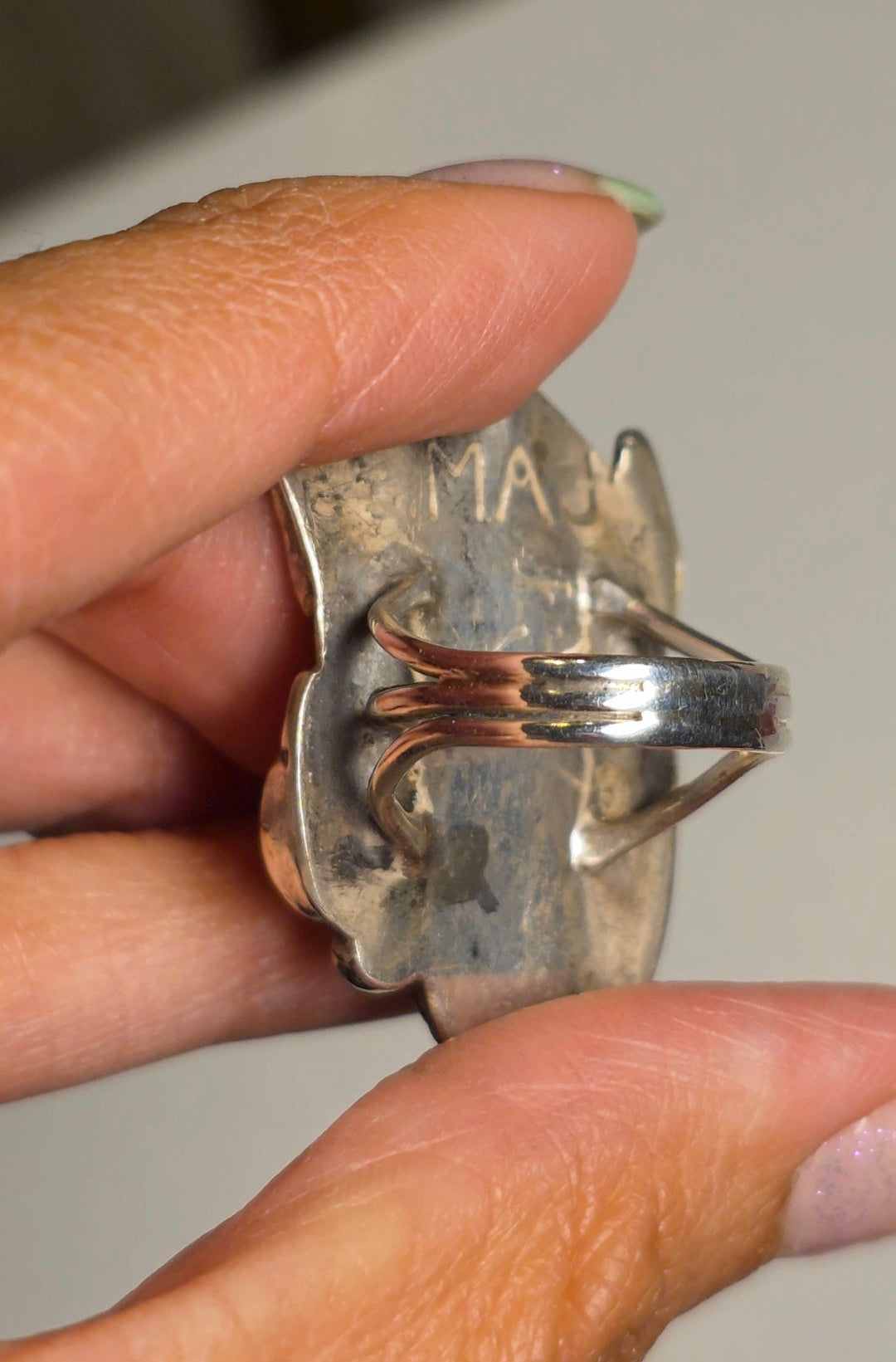 Vintage Signed MAJ Native American Turquoise Bear Claw/Paw Print Sterling Silver Solid Statement Ring Size 5