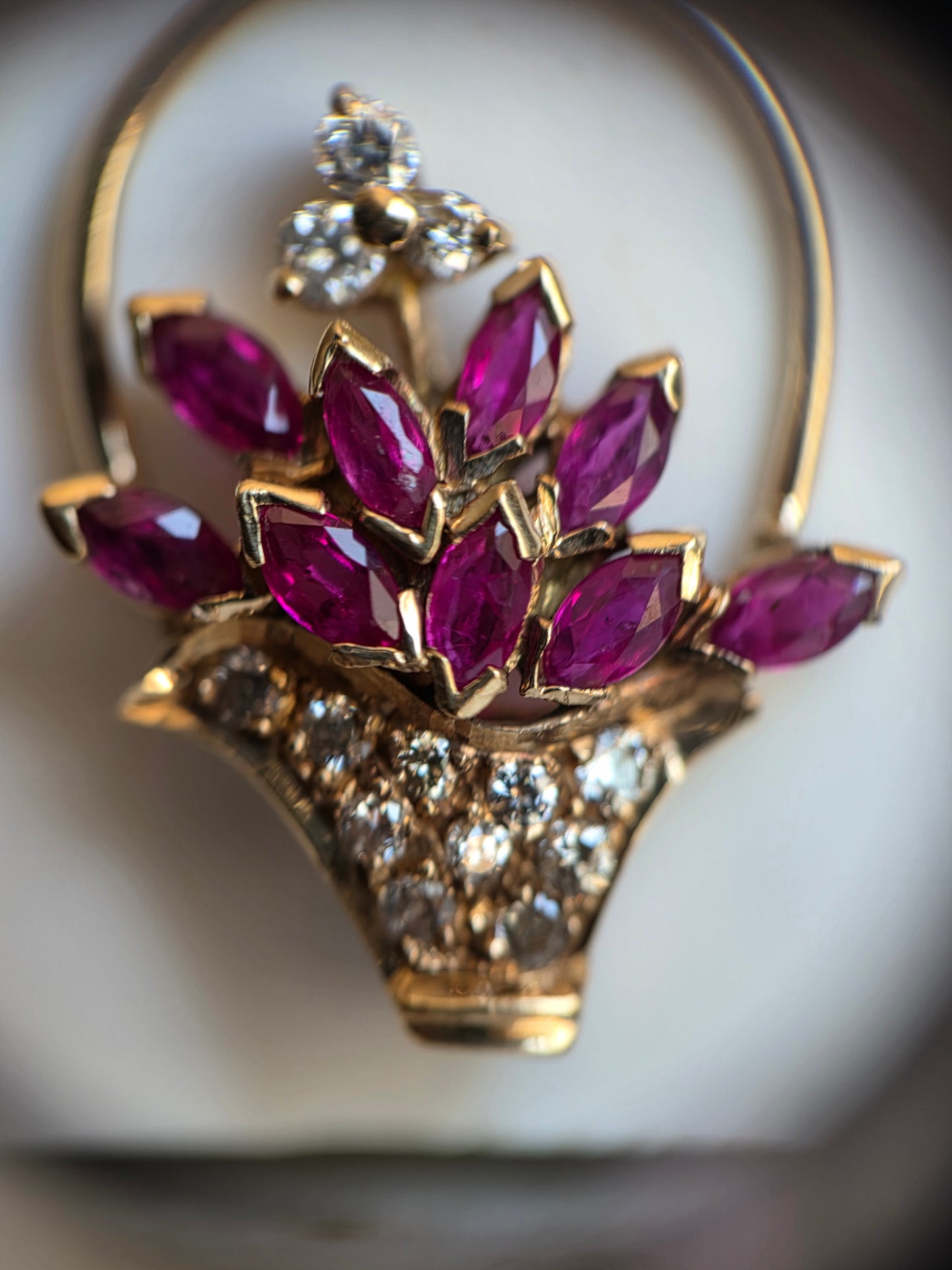 Pretty 14k Gold .82TCW Ruby & Diamond Flowers Basket Pendant (NO CHAIN)