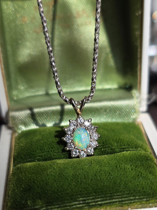 Gorgeous 14k White Gold .61TCW Opal Diamond Dainty Pendant (Optional 925 Chain)
