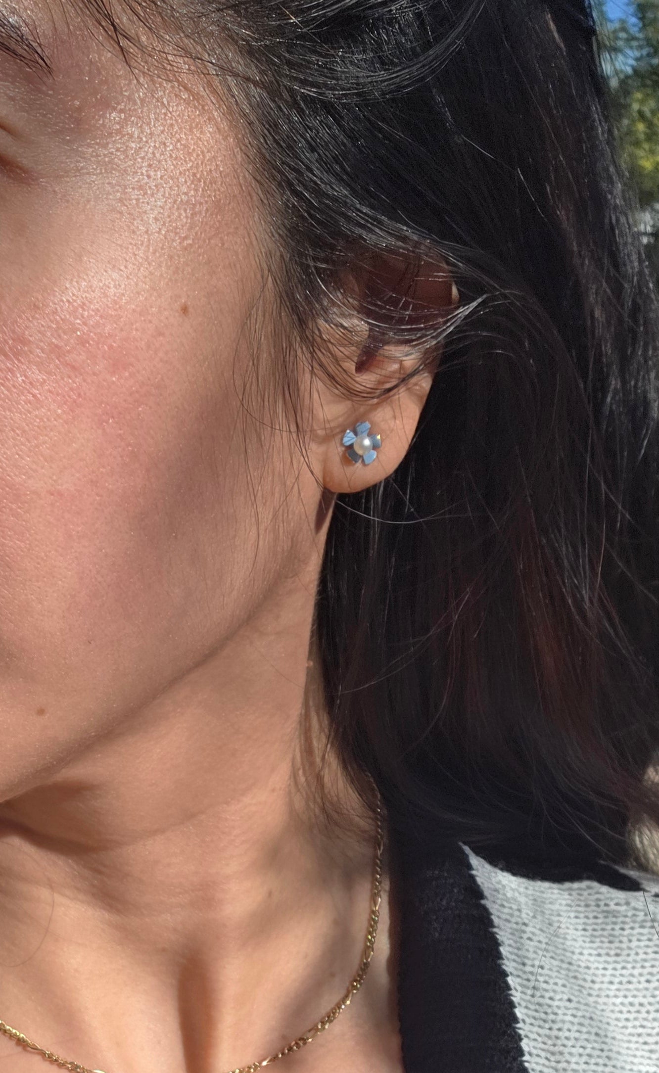 Precious 14k Blue Enamel & Pearl Dainty Flower Stud Earrings