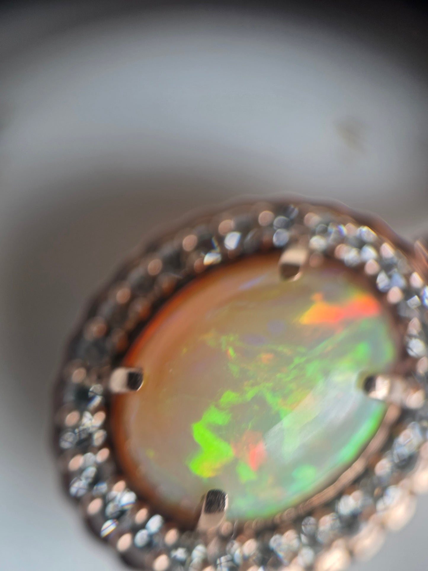 Stunning 10k Rose Gold Natural Fire Opal Cabochon and Diamond Halo Pendant (NO CHAIN)