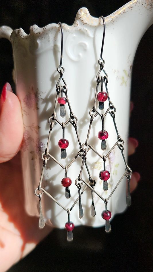 Vintage Gothic Style Sterling Silver Chandelier Garnet Bead Dangle Statement Earrings