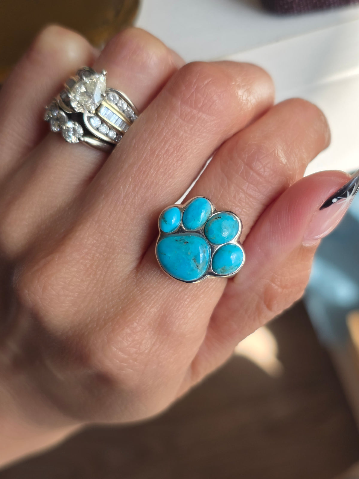 Sterling Silver Turquoise Paw Print Ring Size 8