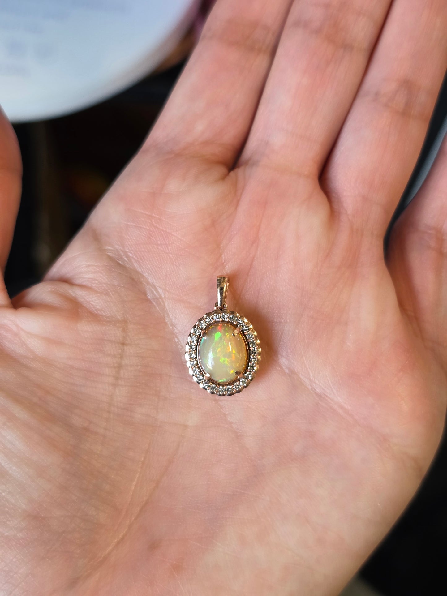Stunning 10k Rose Gold Natural Fire Opal Cabochon and Diamond Halo Pendant (NO CHAIN)