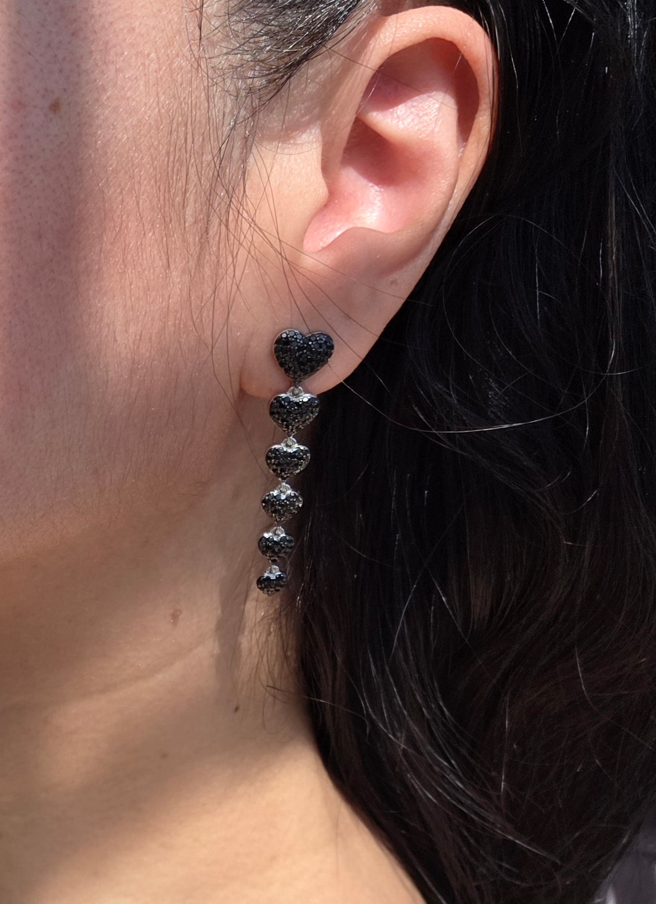 Sterling Silver Pave Set Black Onyx Heart Drop Dangle Statement Earrings
