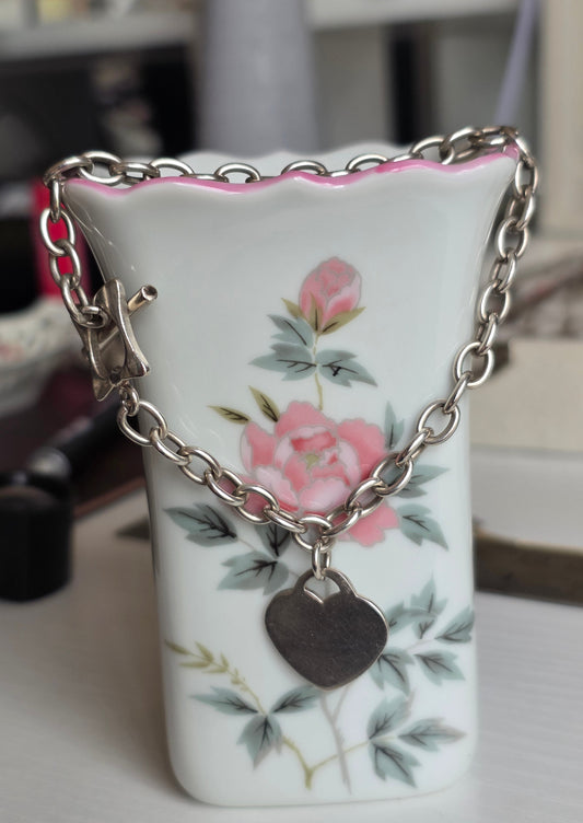 Sterling Silver Heart Tag Rolo Chain Bracelet Toggle Clasp 7.5"
